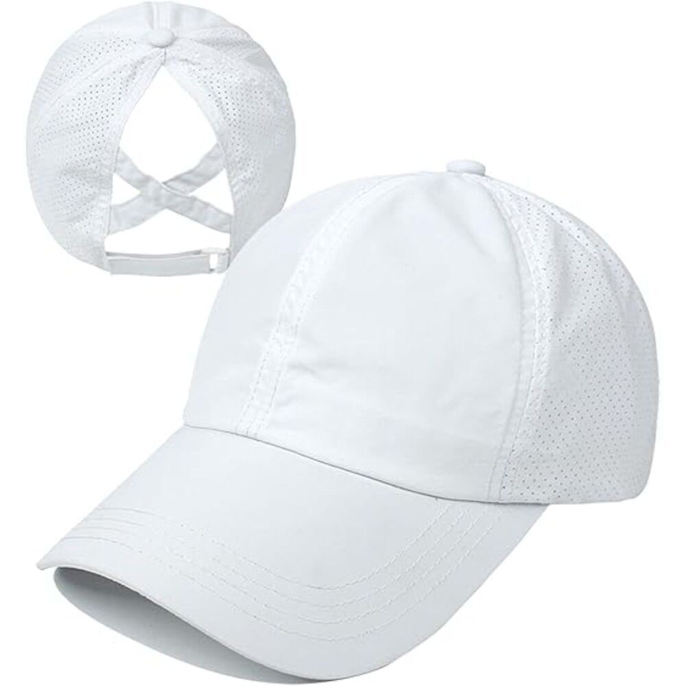 Women's White Crises Cross Ponytail Adjustable High Messy Bun Baseball Caps - Picture 1 of 2